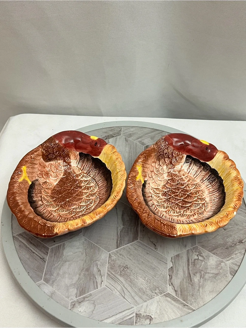 Set of 2 Vintage Turkey Shaped Ceramic Bowls Thanksgiving Fall Serving Dishes